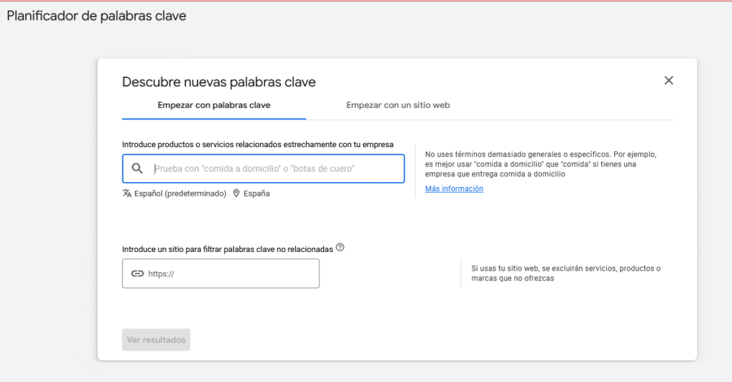 Menú de búsqueda de palabras clave para enseñar cómo utilizar la herramienta "Planificador de palabras clave" y usar dichas palabras para posicionar su web